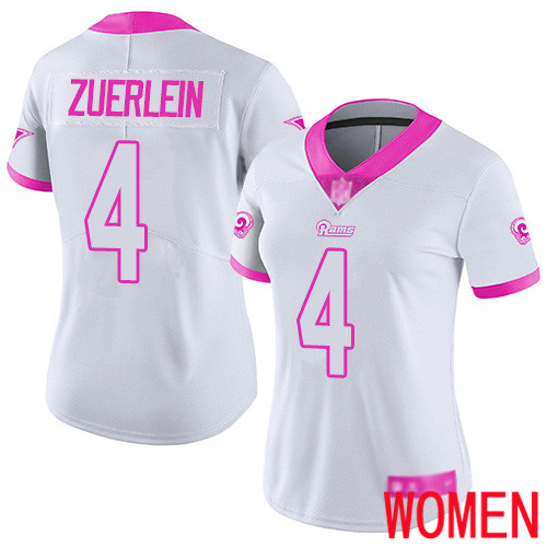 Los Angeles Rams Limited White Pink Women Greg Zuerlein Jersey NFL Football #4 Rush Fashion->women nfl jersey->Women Jersey